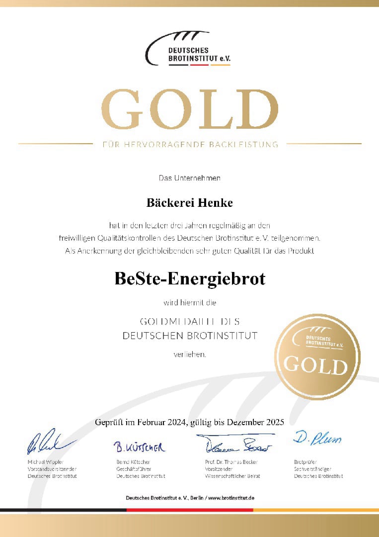 Gold Urkunde 2024 - BeSt-Energiebrot