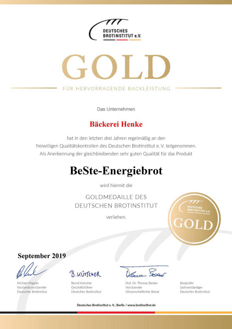 Gold Urkunde 2019 - BeSte Energiebrot