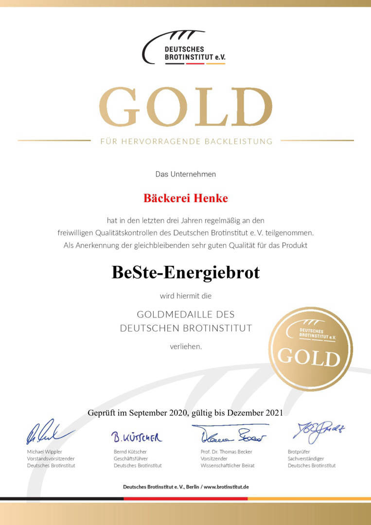 Gold Urkunde 2020 - BeSt-Energiebrot