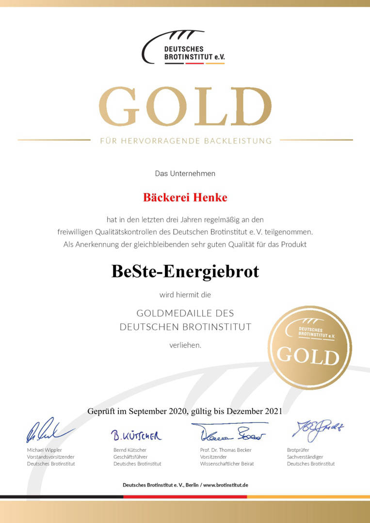Gold Urkunde 2020 - BeSte Energiebrot