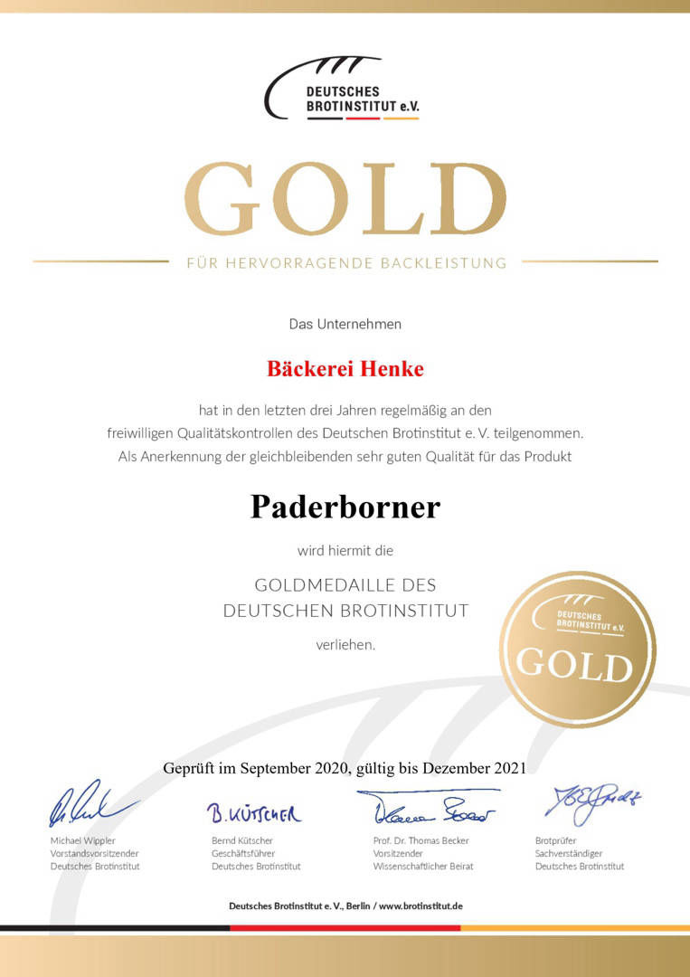 Gold Urkunde 2020 - Paderborner Brot
